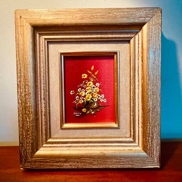 Charming floral mini painting in rustic frame.Wall art. OOAK - Picture 6 of 6